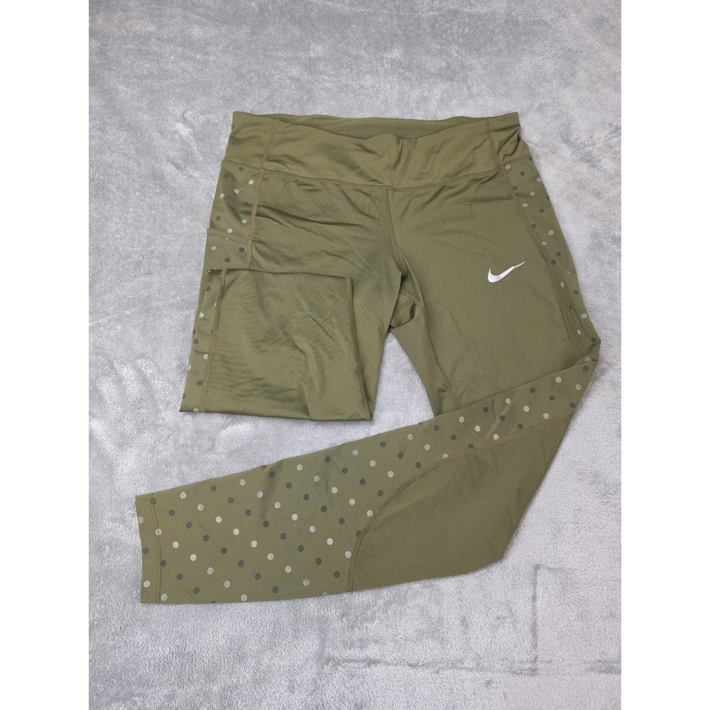 Nike Dri-FIT Women Olive Green Polka Dot Running Leggings Size‎ Large Pocket